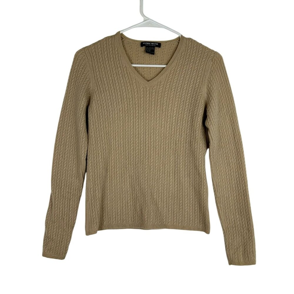 Mariele Waithe Women's Cable Knit 100% Cashmere Sweater Small Beige V-Neck